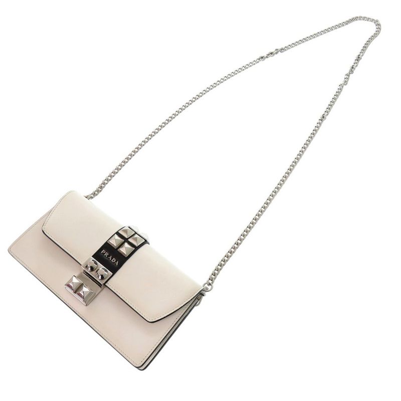 Prada Studded Chain Wallet Crossbody Long Leather White