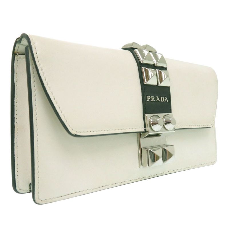 Prada Studded Chain Wallet Crossbody Long Leather White