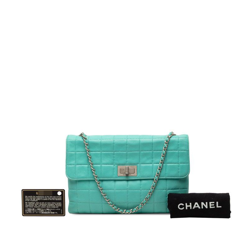 Chanel 2.55 Choco Bar Chain Shoulder Bag Turquoise Blue Lambskin