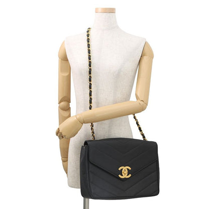 Chanel Chain Shoulder Bag Chevron Stitch Deca CC Logo Caviar Leather