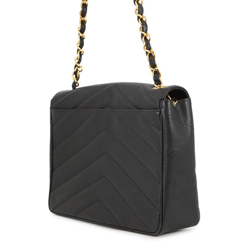 Chanel Chain Shoulder Bag Chevron Stitch Deca CC Logo Caviar Leather