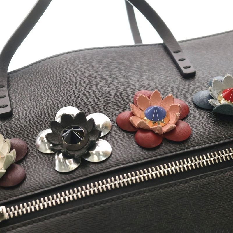 Fendi Flowerland Tote Black Pink Leather Silver