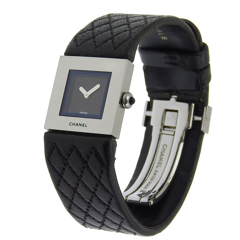 Chanel Quilted Stainless Steel Leather Black Quartz Analog Display