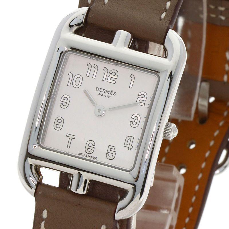Hermes Capecod PM Double Tour Etoupe Watch SS Leather