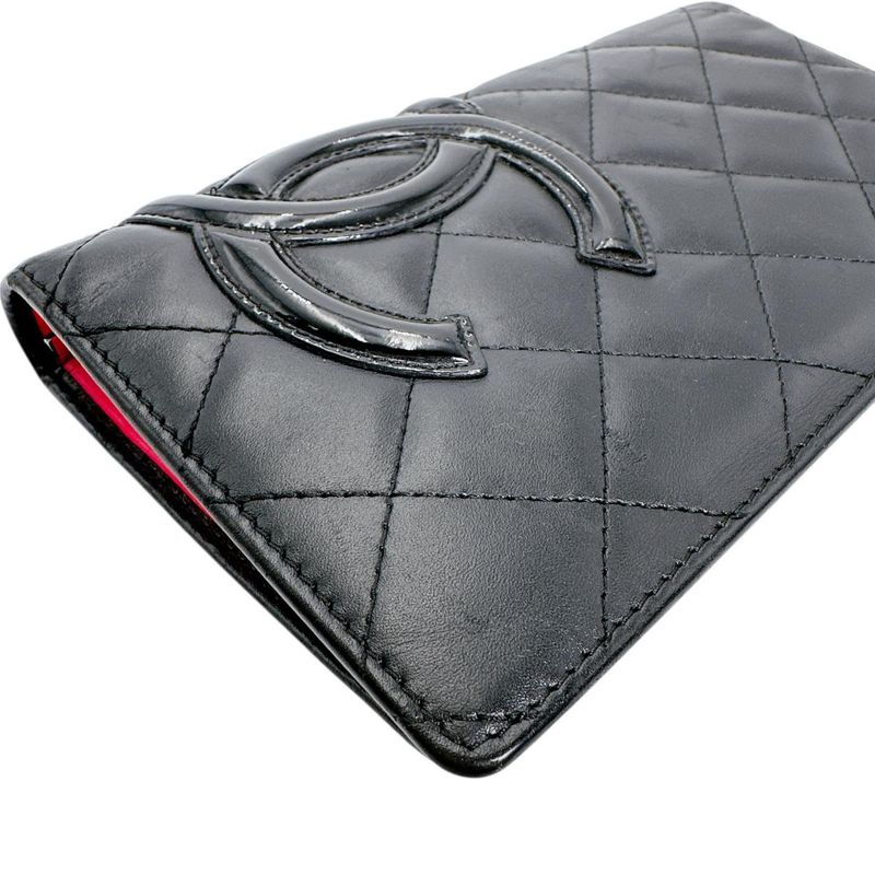 Chanel Cambon Bifold Wallet Quilted CC Logo Long Black