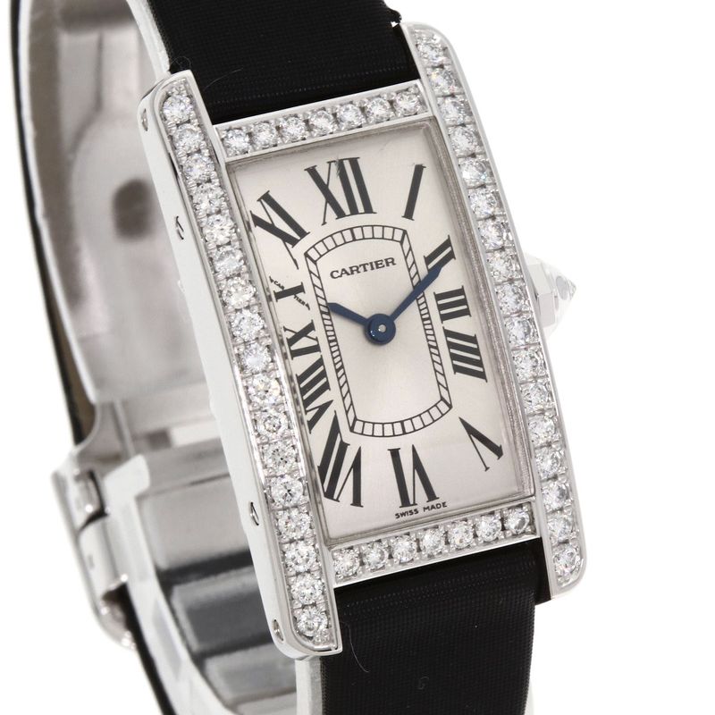 Cartier Tank American SM Bezel Diamond Watch 18K White Gold Satin X