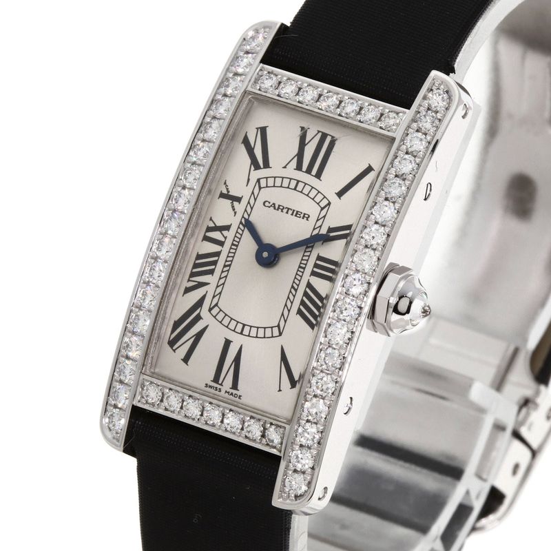 Cartier Tank American SM Bezel Diamond Watch 18K White Gold Satin X