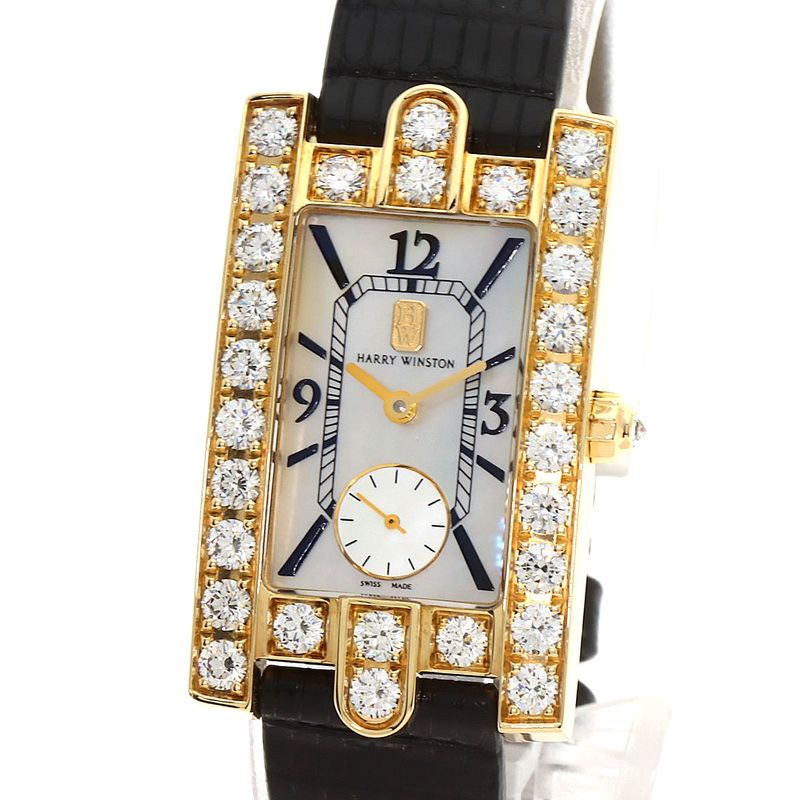 Harry Winston Avenue Classic Watch 18K Yellow Gold Leather Diamond