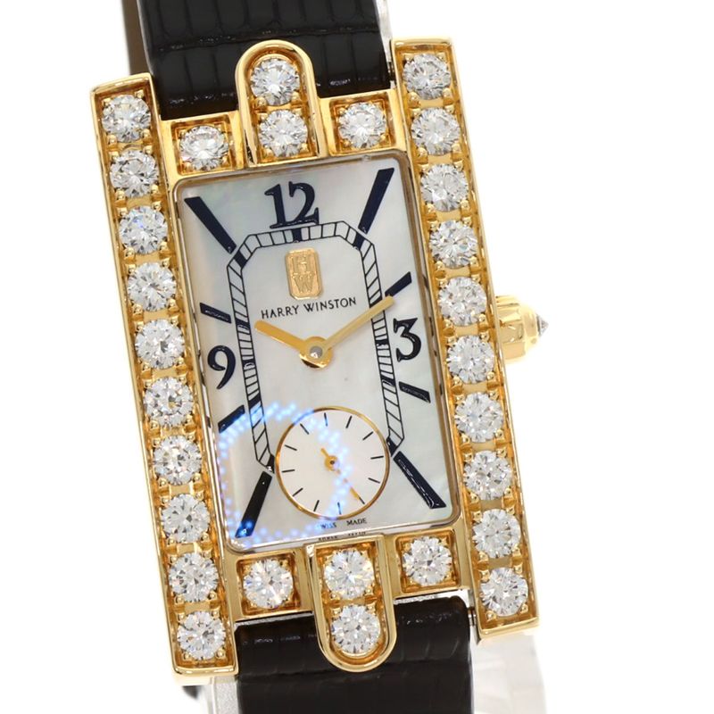 Harry Winston Avenue Classic Watch 18K Yellow Gold Leather Diamond