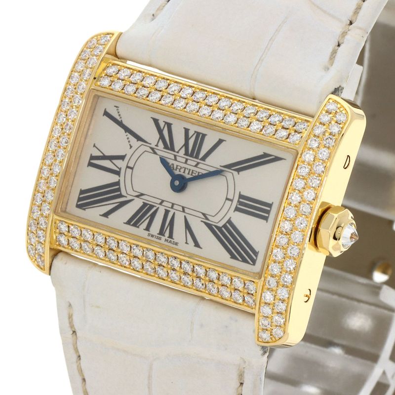 Cartier Mini Tank Divan Diamond Watch 18K Yellow Gold Leather