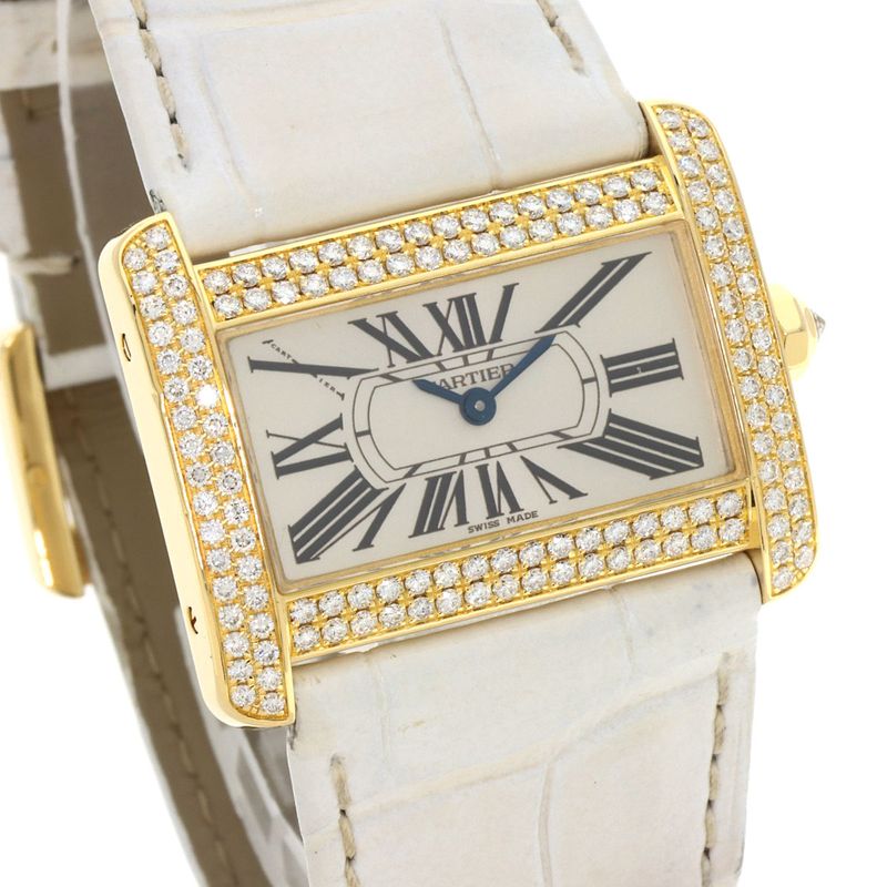 Cartier Mini Tank Divan Diamond Watch 18K Yellow Gold Leather