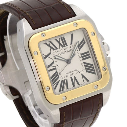 Cartier Santos 100 LM Watch SS Leather 18K Yellow Gold