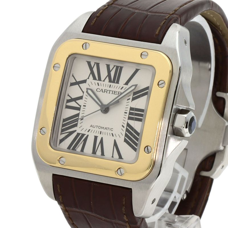 Cartier Santos 100 LM Watch SS Leather 18K Yellow Gold