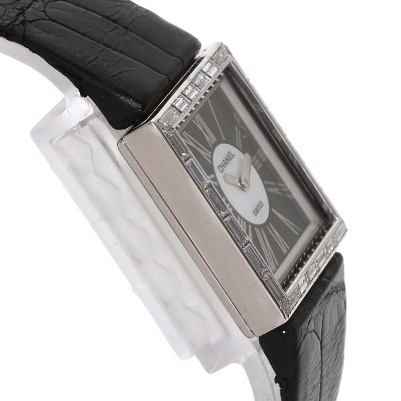 Chanel Mademoiselle Diamond Bezel Watch 18K White Gold Leather