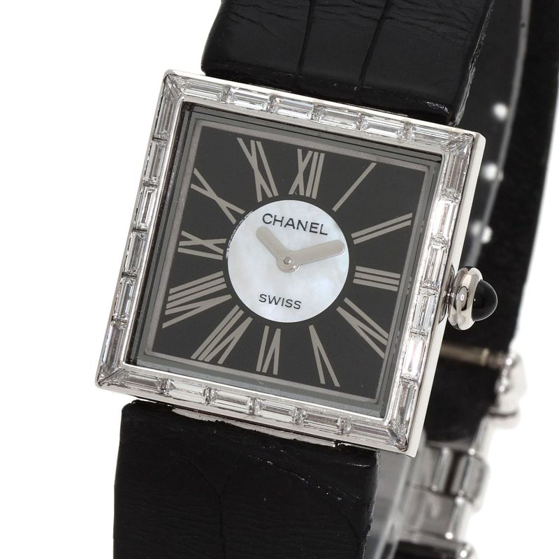 Chanel Mademoiselle Diamond Bezel Watch 18K White Gold Leather