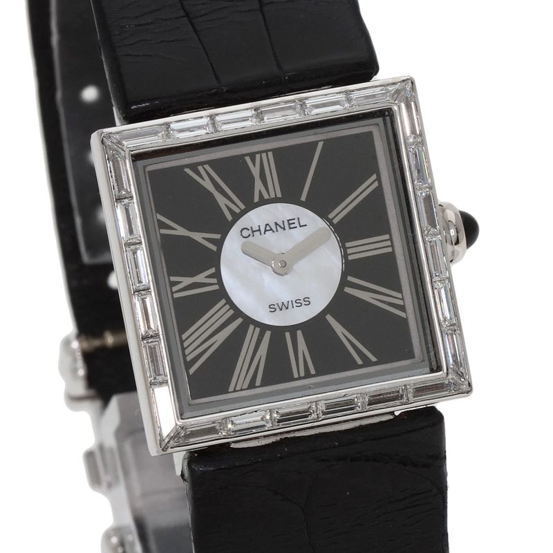 Chanel Mademoiselle Diamond Bezel Watch 18K White Gold Leather