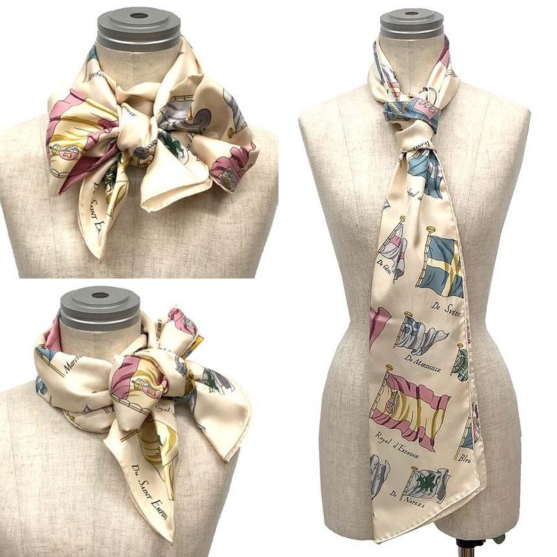 Hermes Silk Maxi Twill Pavois Flag Pattern Long Scarf Cream Beige