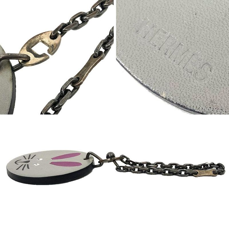 Hermes Rabbit Charm Key Holder Key Chain Leather Gray Animal