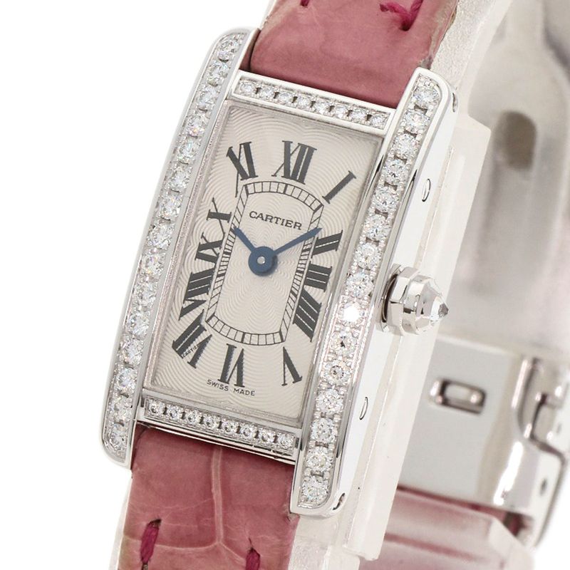 Cartier Tank American Mini Diamond Watch 18K White Gold Leather