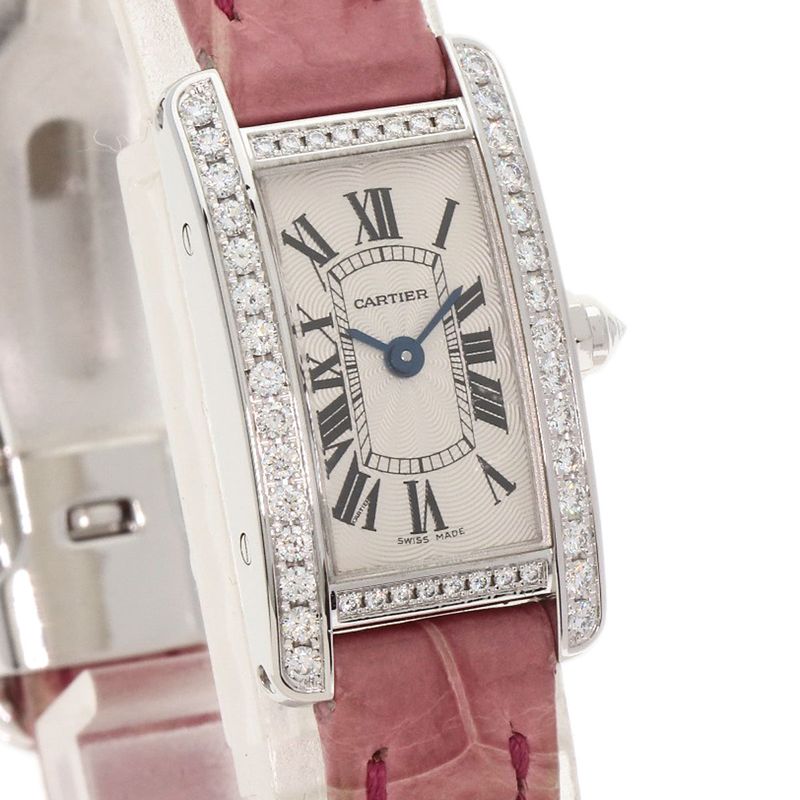 Cartier Tank American Mini Diamond Watch 18K White Gold Leather