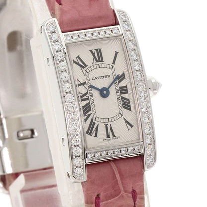 Cartier Tank American Mini Diamond Watch 18K White Gold Leather