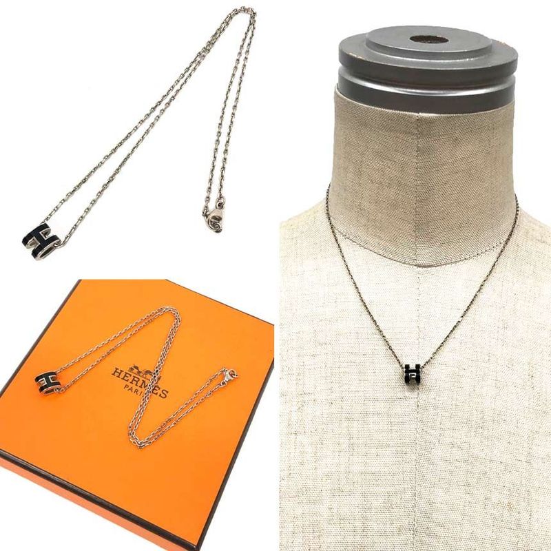 Hermes Mini Pop Pendant Necklace Silver Black