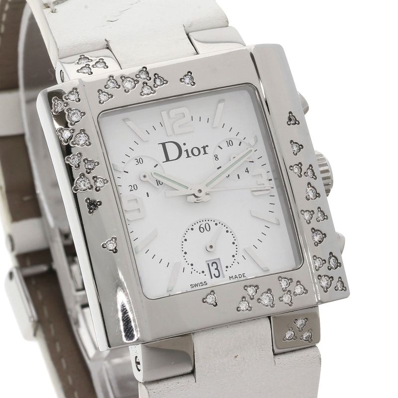 Dior Christian Riva Diamond Bezel Watch SS Leather