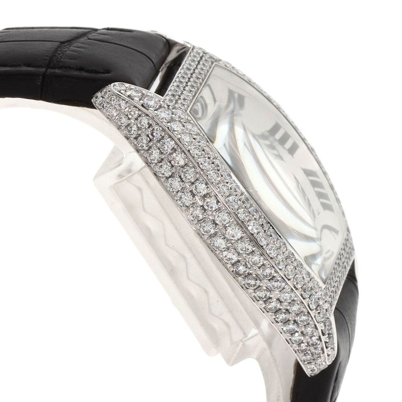Cartier Tortu LM Case Bezel Diamond Watch 18K White Gold Leather