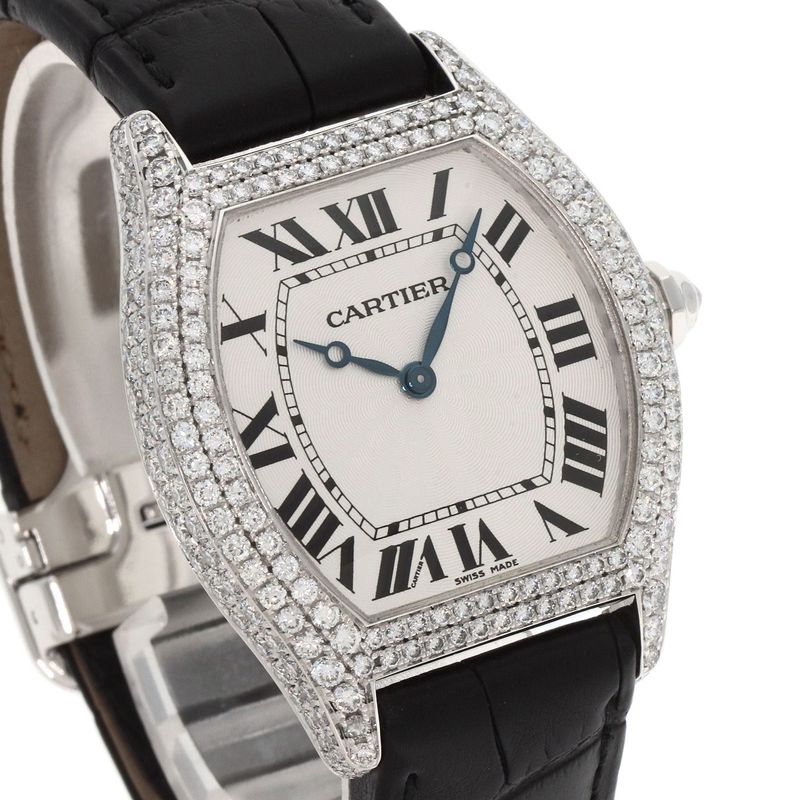 Cartier Tortu LM Case Bezel Diamond Watch 18K White Gold Leather