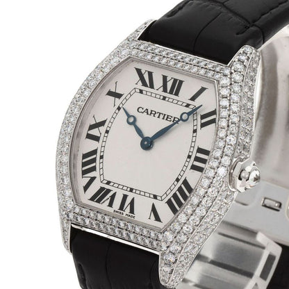 Cartier Tortu LM Case Bezel Diamond Watch 18K White Gold Leather