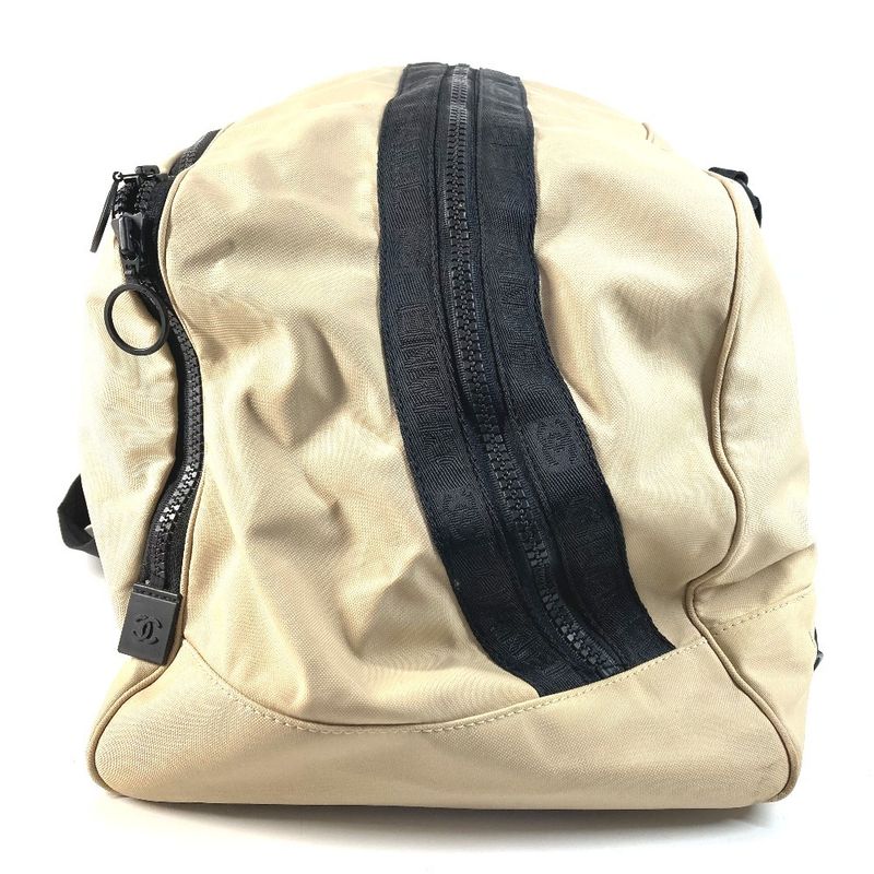 Chanel Boston Bag CC Logo Bicolor Nylon Canvas Beige