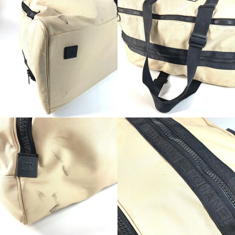 Chanel Boston Bag CC Logo Bicolor Nylon Canvas Beige