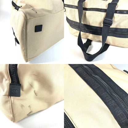 Chanel Boston Bag CC Logo Bicolor Nylon Canvas Beige