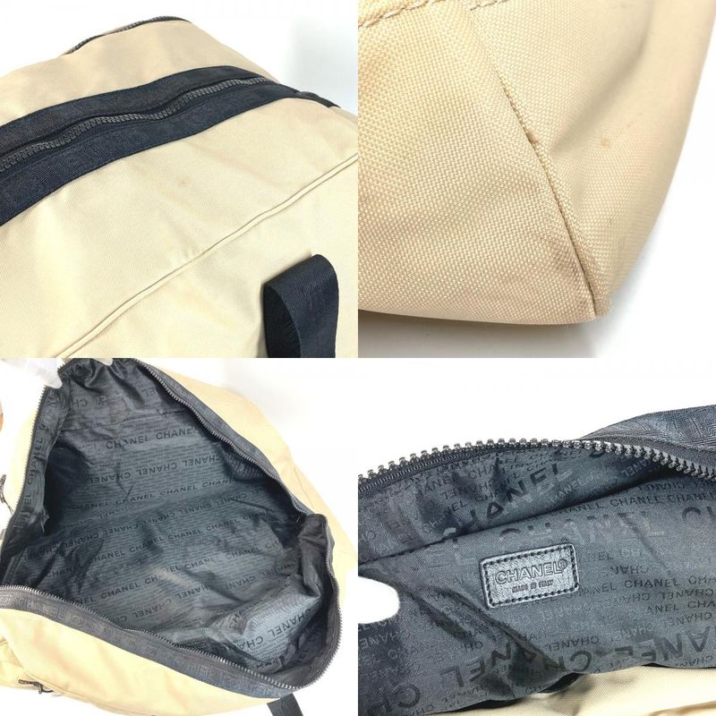 Chanel Boston Bag CC Logo Bicolor Nylon Canvas Beige