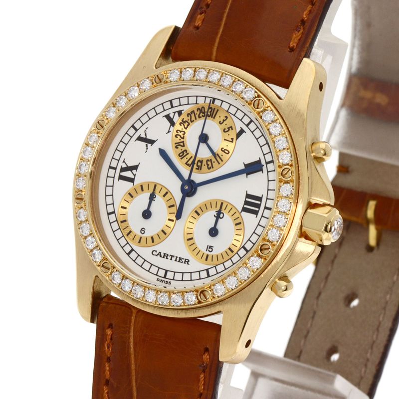 Cartier Santos Round Chrono Reflex Watch 18K Yellow Gold Leather Diamond