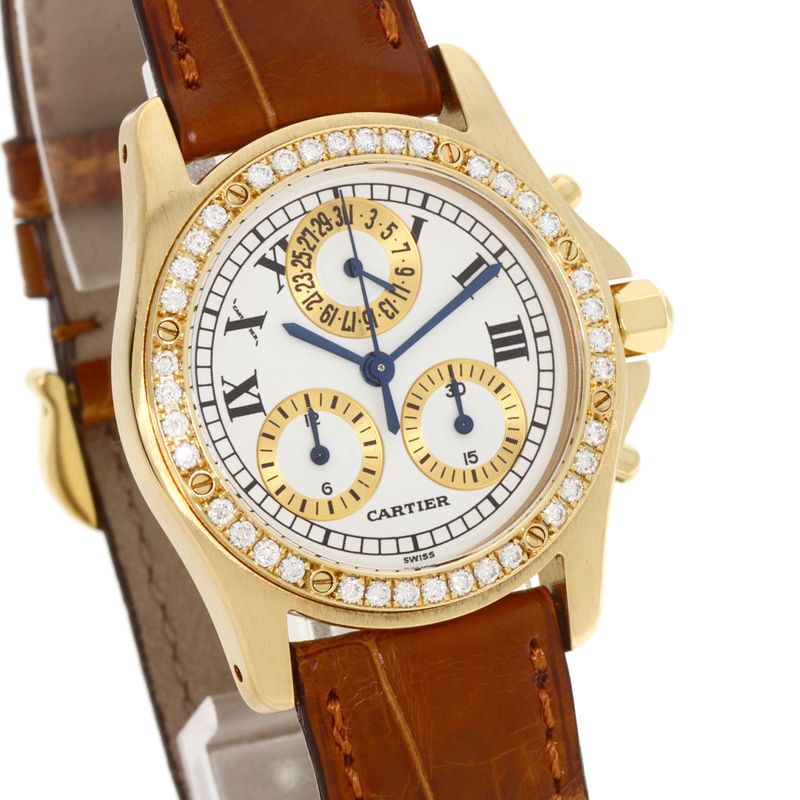 Cartier Santos Round Chrono Reflex Watch 18K Yellow Gold Leather Diamond
