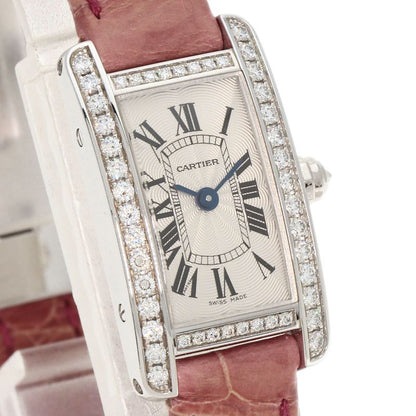 Cartier Mini Tank American Watch 18K White Gold Leather Diamond