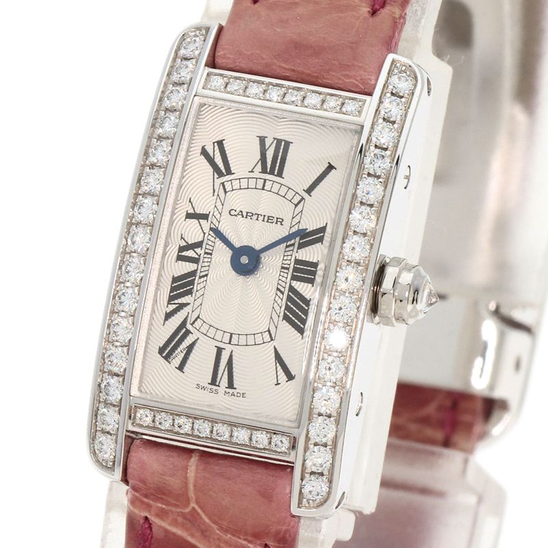 Cartier Mini Tank American Watch 18K White Gold Leather Diamond
