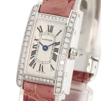 Cartier Mini Tank American Watch 18K White Gold Leather Diamond