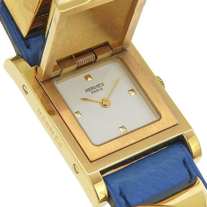 Hermes Medallion Gold Plated Leather Quartz Analog Display White Dial