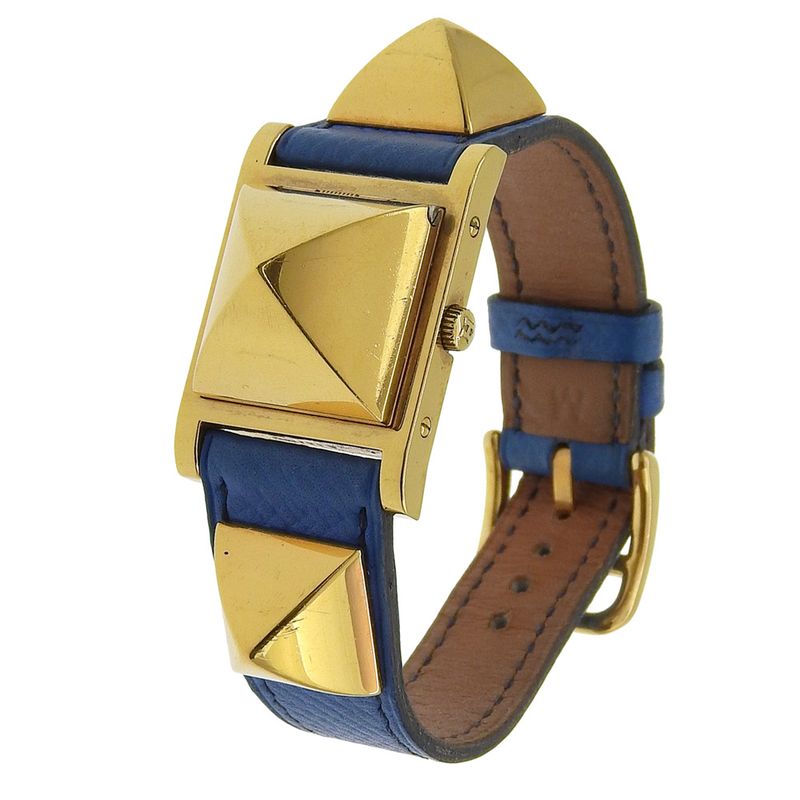 Hermes Medallion Gold Plated Leather Quartz Analog Display White Dial