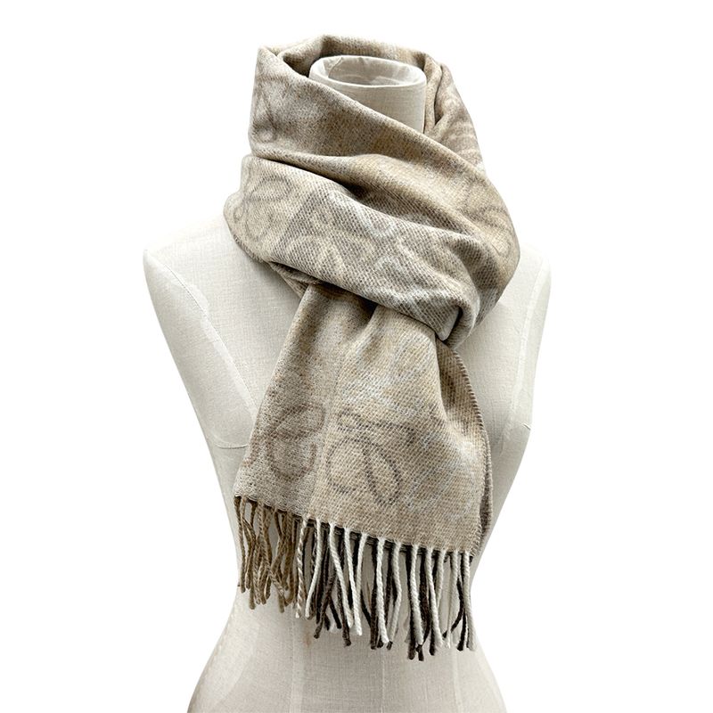 Loewe Muffler Shawl Checkerboard Scarf Wool Cashmere Beige
