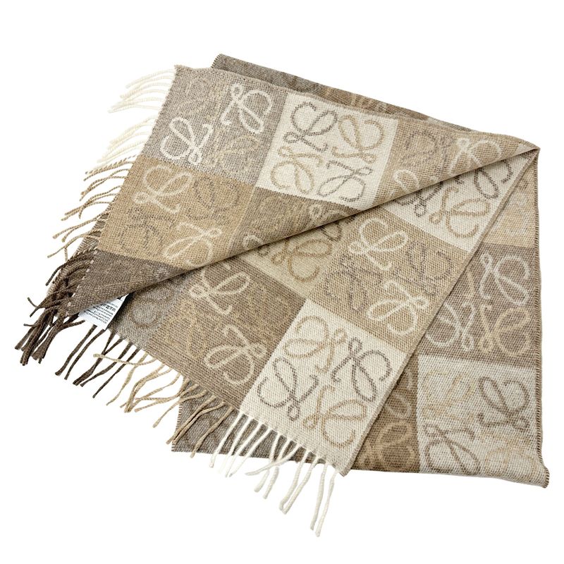 Loewe Muffler Shawl Checkerboard Scarf Wool Cashmere Beige