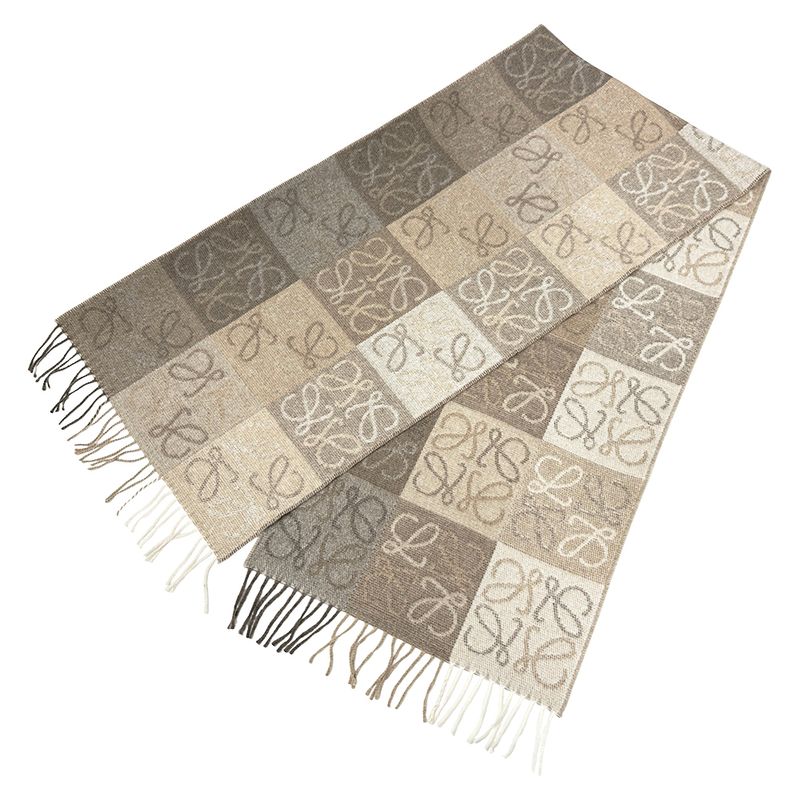 Loewe Muffler Shawl Checkerboard Scarf Wool Cashmere Beige