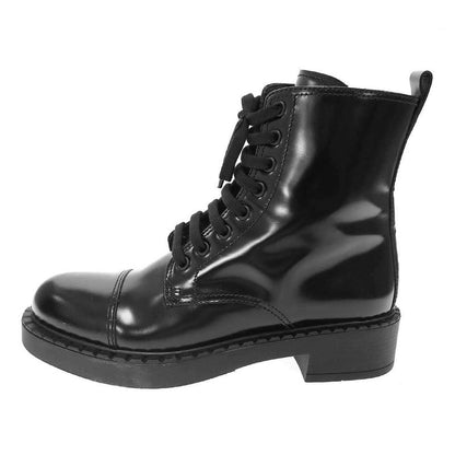 Prada Brushed Leather Side Zip Lace Up Boots Black 39