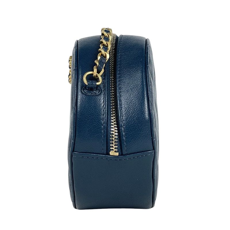 Chanel CC Logo Chain Shoulder Bag Quilted Round Leather Blue