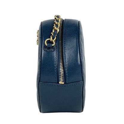Chanel CC Logo Chain Shoulder Bag Quilted Round Leather Blue