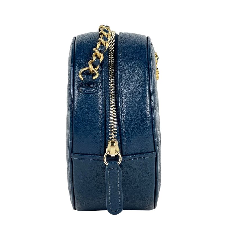 Chanel CC Logo Chain Shoulder Bag Quilted Round Leather Blue