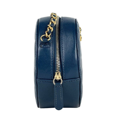 Chanel CC Logo Chain Shoulder Bag Quilted Round Leather Blue