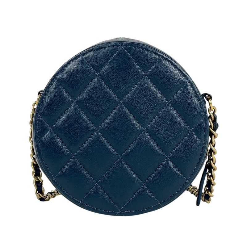 Chanel CC Logo Chain Shoulder Bag Quilted Round Leather Blue
